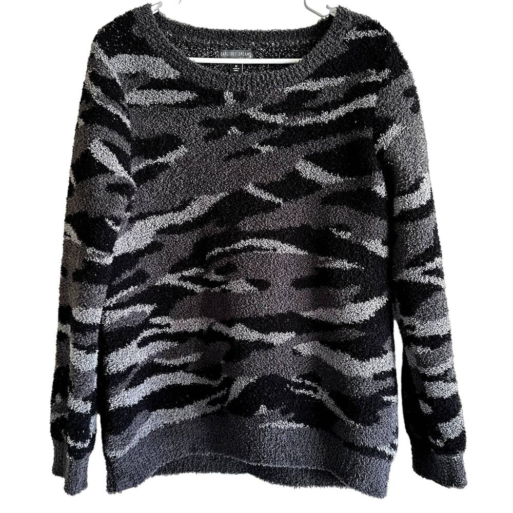 Barefoot Dreams CozyChic Seaside Sweater Crew Pullover Camo Black Gray Medium - Picture 2 of 5